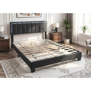 Sunvega Queen Size Bed with Channel Tufted Wool Upholstered Headboard and LED Lights
