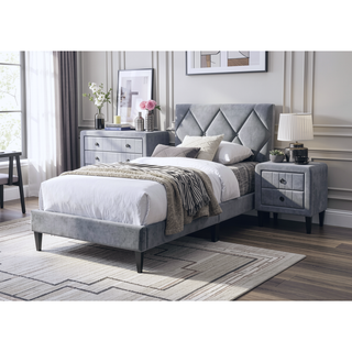 Sunvega Modern Gray Velvet Tufted Headboard Full Size Bed for Youth Bedroom
