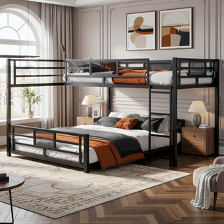 Sunvega L-Shaped Metal Twin Over Full Bunk Bed with Guard Rails