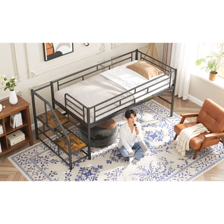 Sunvega Twin White Mid Loft Bed with Integrated Storage Stairs and Metal Frame