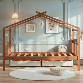 Sunvega Twin Size Wooden House Bed with Drawers and Headboard for Kids Room