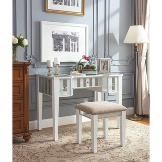 Sunvega Transitional White Solid Wood Vanity Set with Storage Drawers and Padded Stool