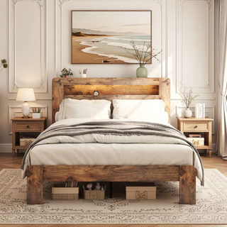 Sunvega Full Size Wood Platform Bed Frame with Storage LED Headboard and 2 USB Ports