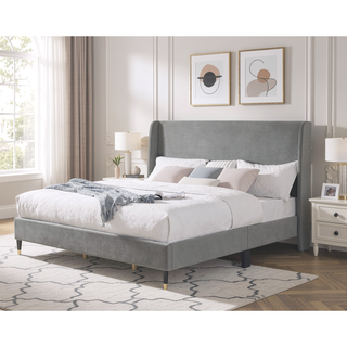 Sunvega King Beige Velvet Wingback Platform Bed with Low Profile Design
