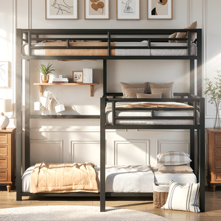 Sunvega Sturdy Metal Triple Twin Size L-Shaped Bunk Bed with Ladder