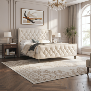 Sunvega Modern Upholstered Queen Size Platform Bed with Wingback Headboard and Wood Slat Support