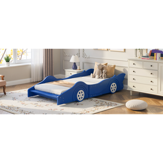 Sunvega Blue Twin Size Race Car-Shaped Platform Bed with Wheels for Kids