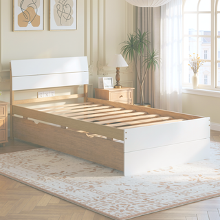 Sunvega Modern White High Gloss Twin Bed Frame with Light Oak Trundle for Space Saving
