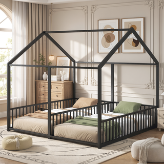 Sunvega Sturdy Metal Twin Size House Platform Beds with Guardrails