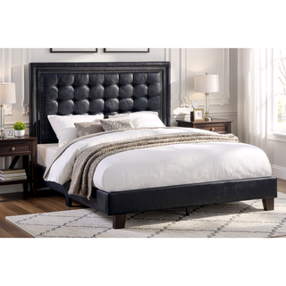Sunvega Queen Size Bed with Biscuit Tufting Headboard and Wooden Legs in Black Espresso