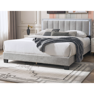 Sunvega Light Gray Wool Upholstered Queen Size Bed with Channel Tufting and LED Headboard