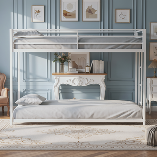 Sunvega Low Bunk Bed with Reversible Ladder and Full Metal Construction in Matte White