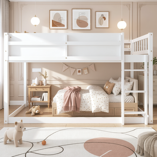 Sunvega Low Twin Over Twin Solid Wood Bunk Bed with Ladder for Kids & Juniors