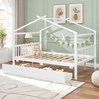 Sunvega Twin Size Wooden House Bed with Drawers and Headboard for Kids Room
