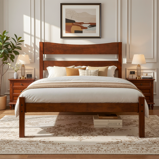 Sunvega Twin Size Wood Platform Bed with Headboard and Wooden Slat Support in Walnut