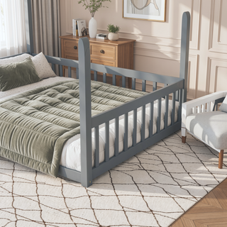Sunvega Wooden Canopy Frame Floor Bed with Guardrails for Safety and Privacy