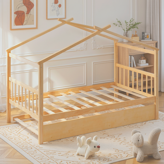 Sunvega Twin Size Wooden House Bed with Trundle and Headboard for Kids Room