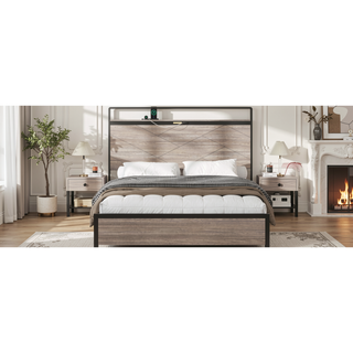 Sunvega Modern Wood and Metal Platform Bed Frame with LED Headboard USB Charging