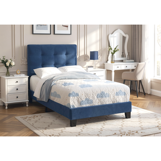 Sunvega Twin Size Upholstered Platform Bed Frame in Blue Velvet Fabric
