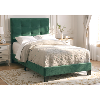 Sunvega Twin Size Green Velvet Upholstered Platform Bed Frame for Youth Bedroom