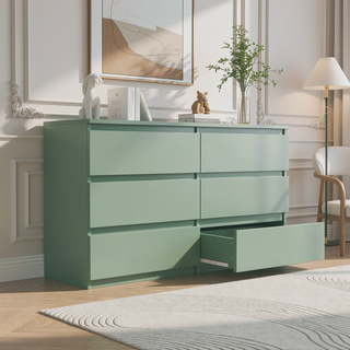Sunvega White Wooden Six Drawer Cabinet with Golden Handles Large Storage Space