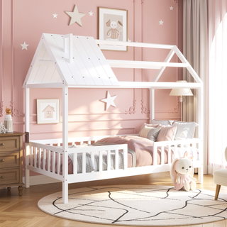 Sunvega White Twin Size Wood House Playhouse Bed with Fence for Kids Room
