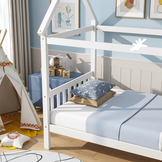Sunvega Twin Rubber Wood House Bed with Headboard and Footboard in Light Grey