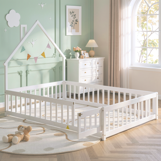 Sunvega Full Size House Shaped Headboard Floor Bed with Safety Fence Guardrails