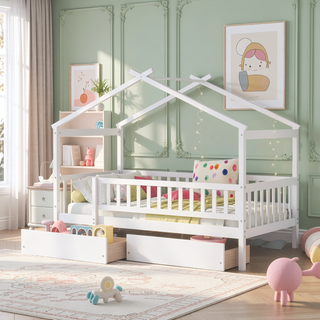 Sunvega Twin Size Wooden House Bed with Two Drawers and Headboard in White