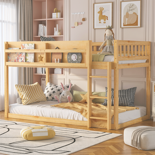 Sunvega Low Twin Over Twin Solid Wood Bunk Bed with Ladder for Kids & Juniors