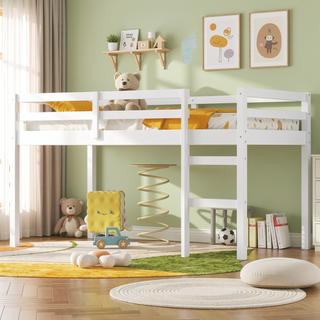 Sunvega Espresso Rubber Wood Low Height Loft Bed with Ladder for Bedroom