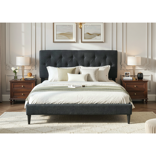 Sunvega Queen Upholstered Pleated Bed in a Box with Sturdy Dark Brown Frame