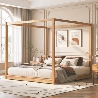 Sunvega White Queen Size Canopy Platform Bed with Support Legs and Sturdy Frame