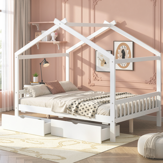 Sunvega Natural Wood Full Size House Platform Bed with Two Storage Drawers