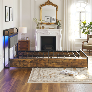 Sunvega Queen Bed Frame with Storage Headboard USB Outlets LED Lights and 4 Drawers