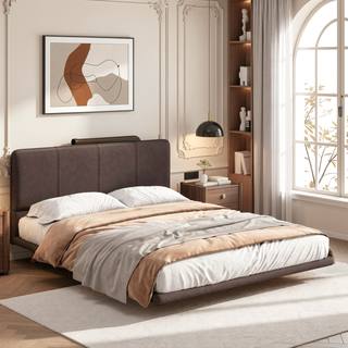 Sunvega Floating Bed Frame with Modern PU Leather Upholstery and Remote LED Lights Queen Size