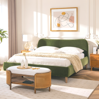 Sunvega King Upholstered Platform Bed with Curved Headboard in Oatmeal Chenille