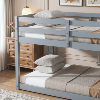 Sunvega Twin over Twin Floor Bunk Bed with Ladder and Strengthened Slats in Espresso