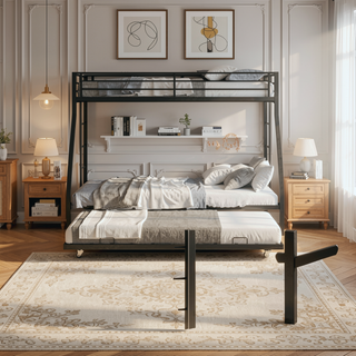 Sunvega High-Stability Square Tube Bunk Bed with Ladder & Rolling Trundle for Home Dormitory