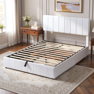 Sunvega Upholstered Platform Bed with Hydraulic Storage System in White Linen