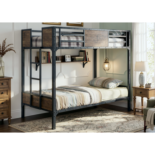 Sunvega Industrial Black Metal Bunk Bed With Wood Panels And Attached Ladder