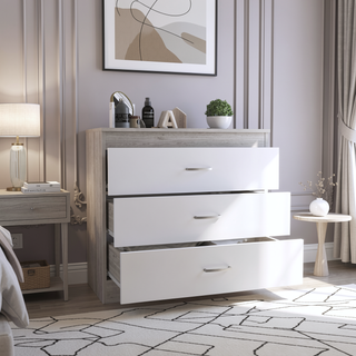 Sunvega Melia Three Drawer Dresser with Metal Hardware in Light Gray and White