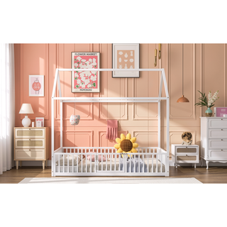Sunvega White Twin Size Metal House Bed with Fence and Door for Kids