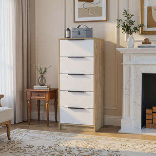Sunvega White Pine Modern 5 Drawer Vertical Dresser for Narrow Spaces