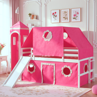 Sunvega Twin Size Loft Bed with Slide Blue Tent and Playhouse Tower for Kids