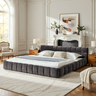 Sunvega Grounded California King Upholstered Bed Frame with Soft Chenille Fabric Headboard