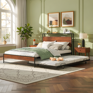 Sunvega Modern Metal Platform Bed Frame with Trundle USB Ports and Shelf