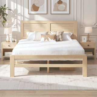 Sunvega Contemporary Natural Finish Full Size Platform Bed Frame with Headboard