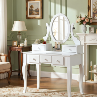 Sunvega Adjustable Oval Wooden Frame Vanity Table with Mirror and Stool