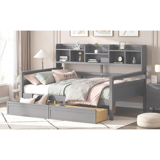 Sunvega Twin Size Daybed with Wood Slat Support, Bedside Shelf, and Two Drawers